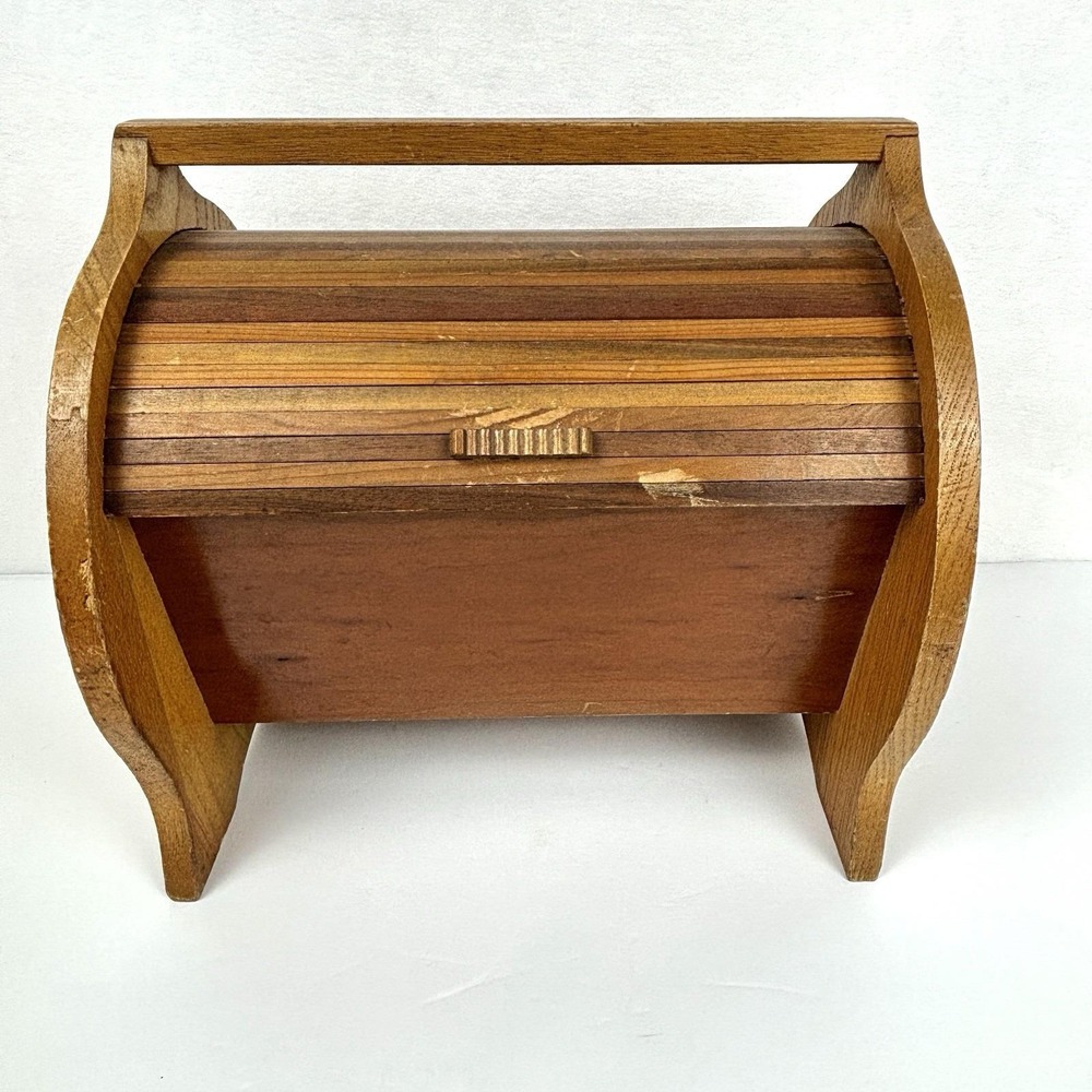 Vintage Wooden Tambour Roll Top Slatted Sewing Box Craft Caddy Organizer 11x9x11